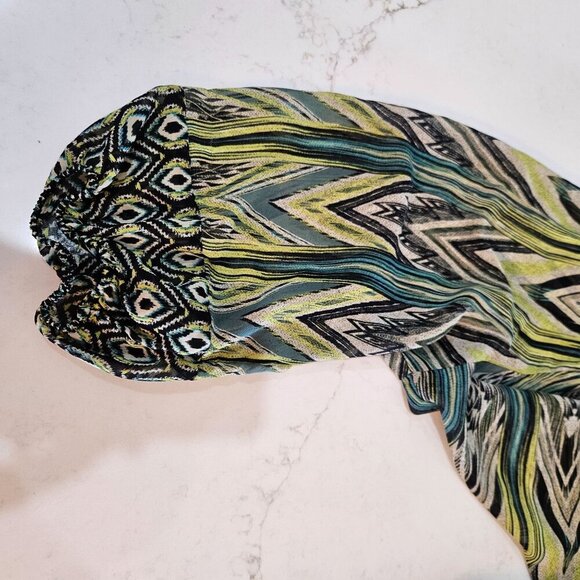 Figueroa & Flower 3X Sheer Green Boho Tunic Blouse 3/4 Sleeve Peacock Print - Picture 5 of 9